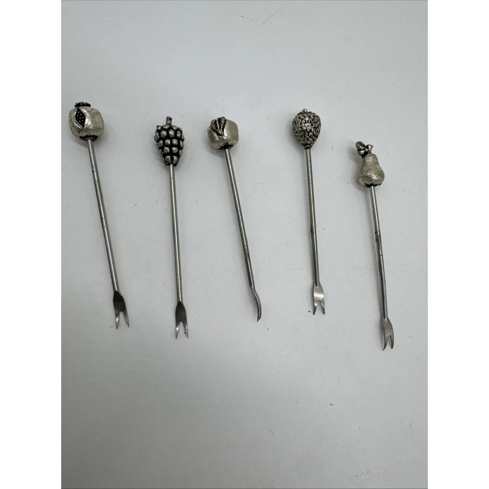 Vintage Pewter Olive Fruit Cocktail (5) Fork Apples Pears Grapes Set